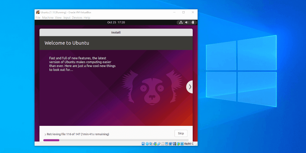 Ubuntu 21.10 virtual machine on Windows 10
