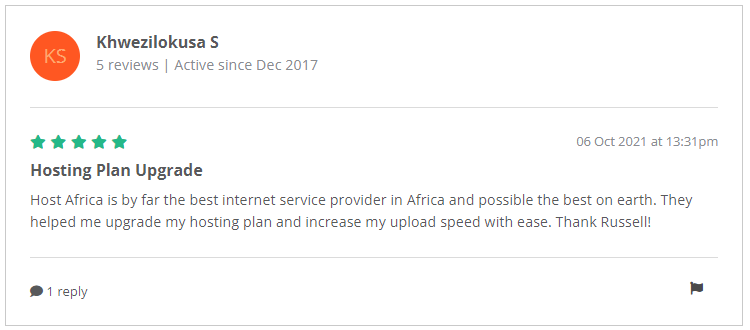 A customer review on HOSTAFRICA from Hellopeter