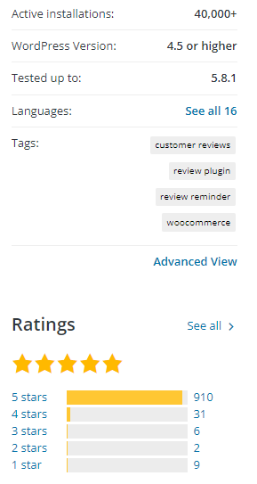 Customer Reviews for WooCommerce key specs from WordPress