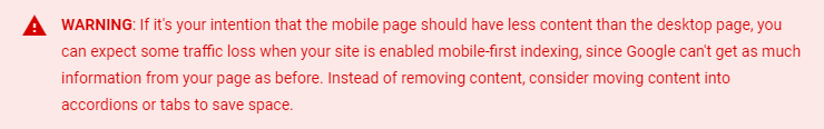 Google offering a warning about website and mobile content aligning in terms of information and design