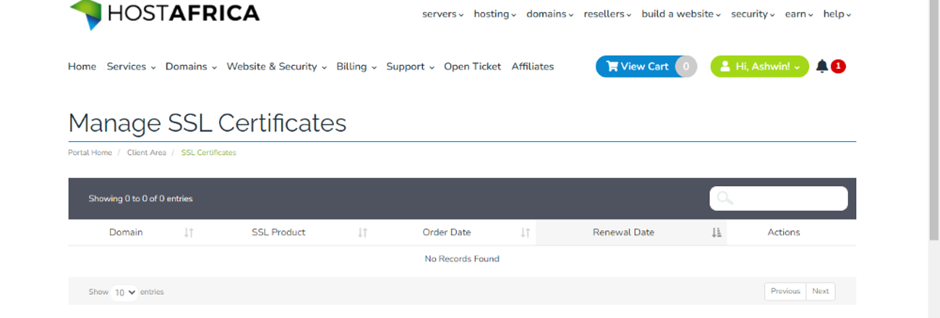 HOSTAFRICA's client zone showing what SSL certificates are available to the client