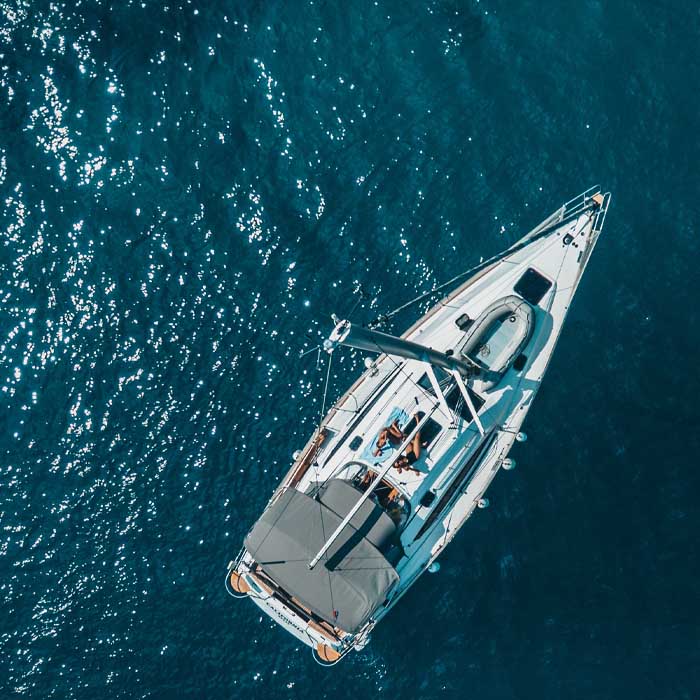 Aerial view of a yacht on the ocean