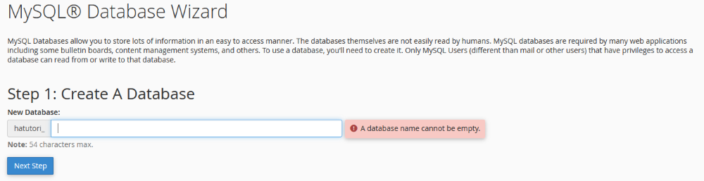MySQL Database Wizard create database field