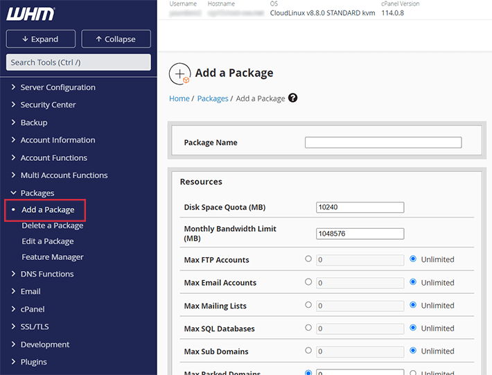 WHM Add a Package Location and Dashboard