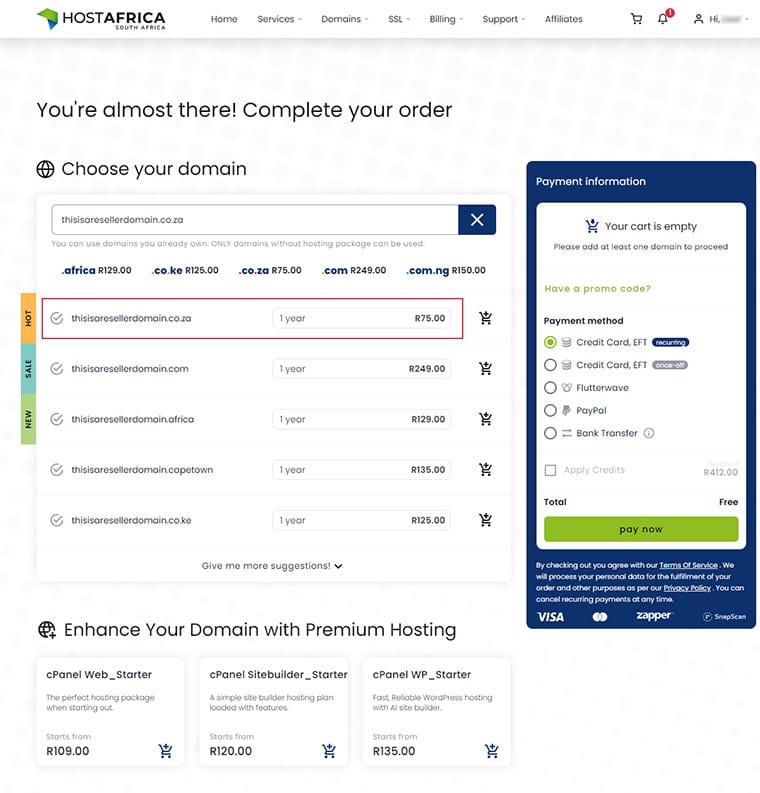 Domain Registration Prices in Cart